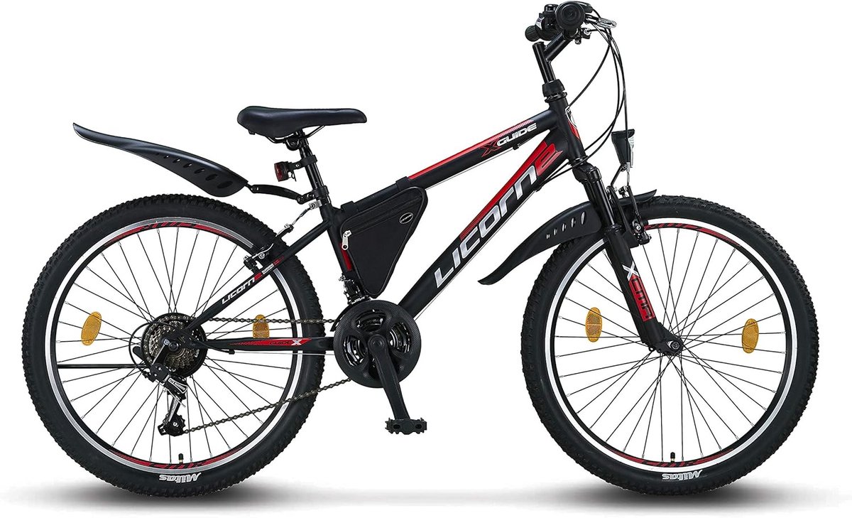 SnelShoppen Mountainbike 24 inch voor en Shi o 21 Versnellingen Robuust Fietsframe met Bagage Geschikt voor School en Avontuur