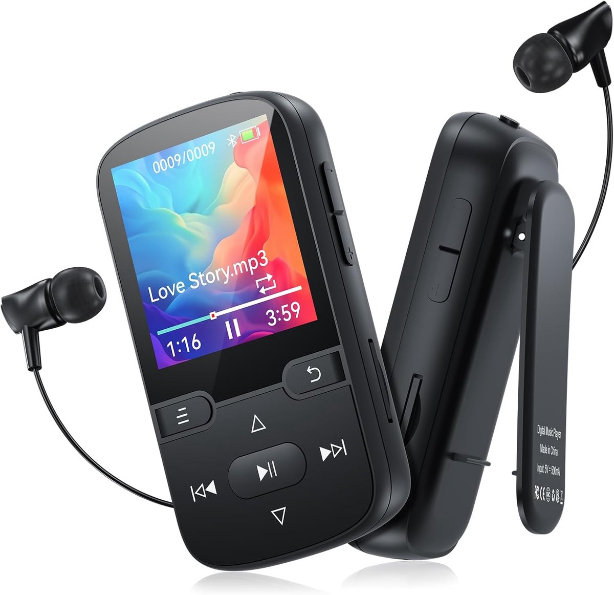 MP3-speler Bluetooth 5.3 met clip voor kinderen, draagbare hifi-sportmuziekspeler (28 g), FM-radio, stappenteller, voicerecorder, willekeurige weergave en herhaling, TF-kaart tot 128 G