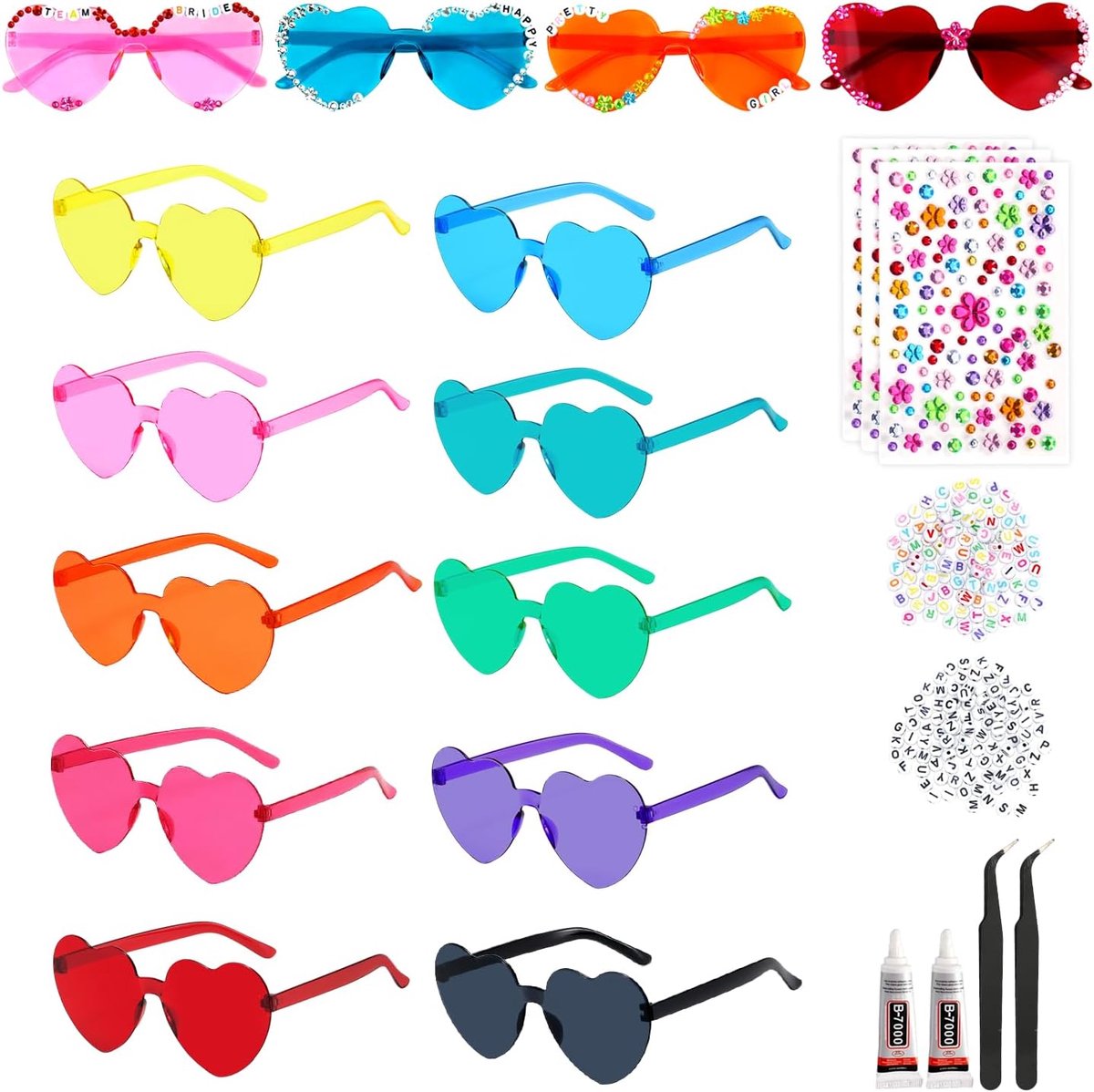 10 paar DIY hartvormige zonnebril, kleurrijk/wit hart, met decoratieve accessoires voor verjaardagsfeest, EVJF, festivals, muziek, bruiloften, zwembadfeest, carnaval