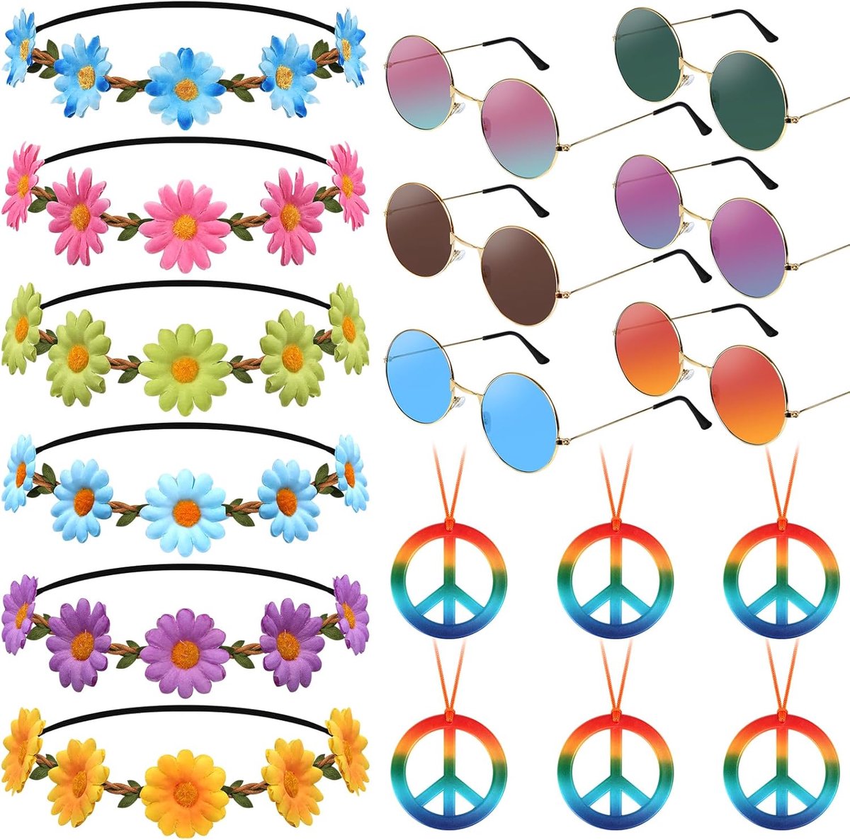 18 stuks hippiekostuum voor dames en heren, bril, peace-ketting en madeliefjes, hoofdband voor jaren 60/70, feestkostuumdecoraties