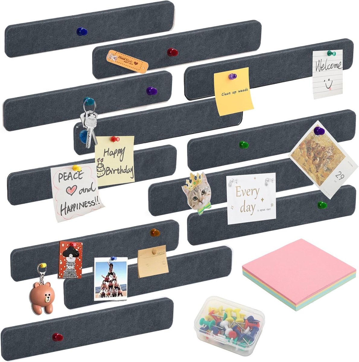 prikbord, zelfklevend, met 30 prikspelden, 12 stuks prikbord, strips, viltbord, memoborden, foto's, viltplaat, bulletin board, wanddecoratie voor kantoor, keuken (donkergrijs)