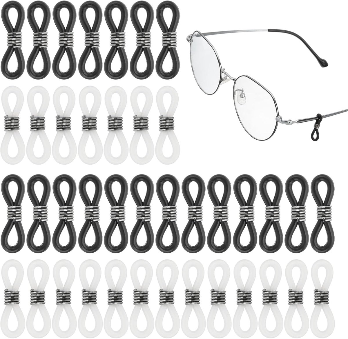 Lenzenvloeistof Kettingverbinder, verpakking van 50 verstelbare antislip siliconen rubberen bandhouder, ketting eindlus voor dames en heren, zonnebril, zwart/wit (metalen veer)