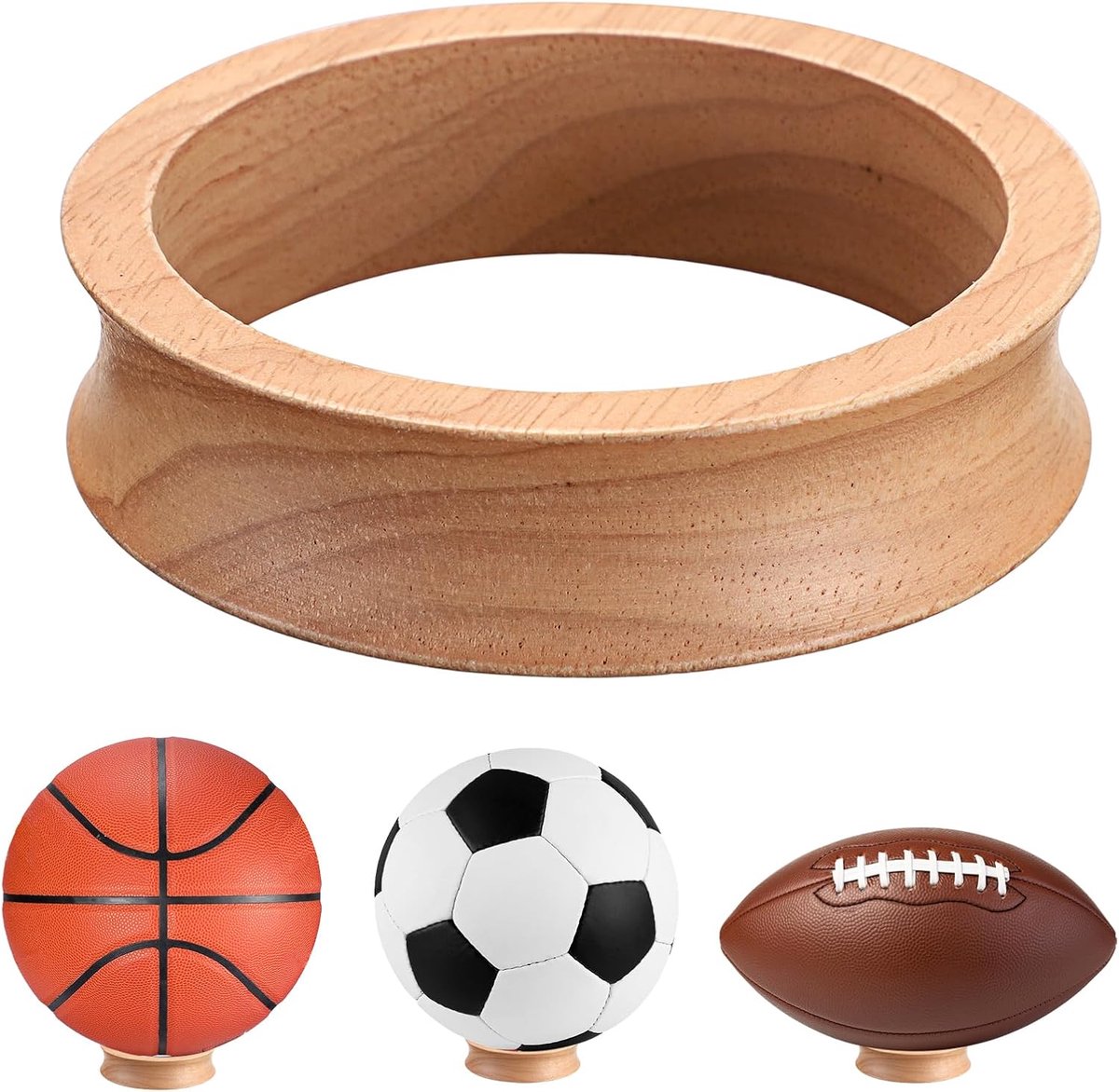 3 stuks 72 mm houten bolstandaards - ronde ring displayhouders verhoger displaystandaard voor voetbal, volleybal, rugby, basketbal, houten displayhouder voor edelstenen, agaat, mineralen
