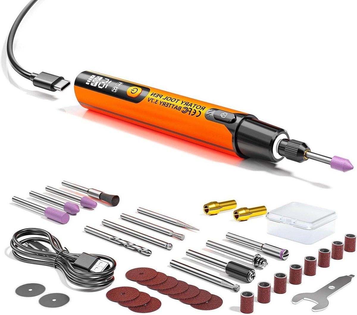 Draadloze Roterende Gereedschapset - Mini graveerpen - Gedetailleerd handwerk - Zes snelheden instelbaar - 16 cm - Oranje