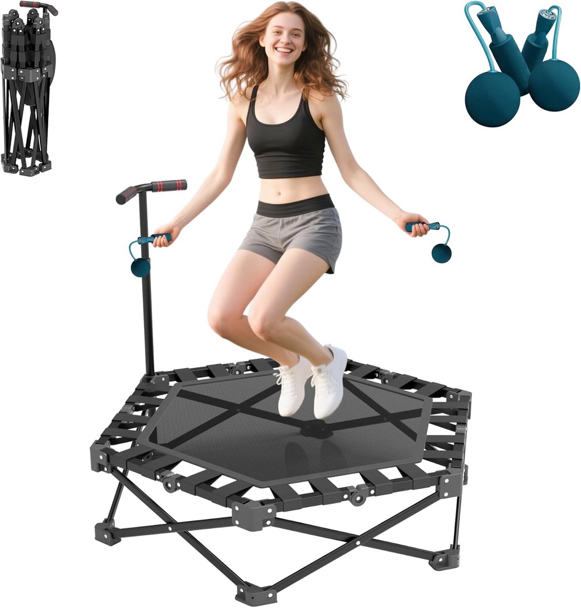 SnelShoppen - 42" Fitness Trampoline met Verstelbare Handgreep, One-Click Vouwsysteem, Geen Montage, Mini Trampoline Rebounder voor Volwassenen, Binne