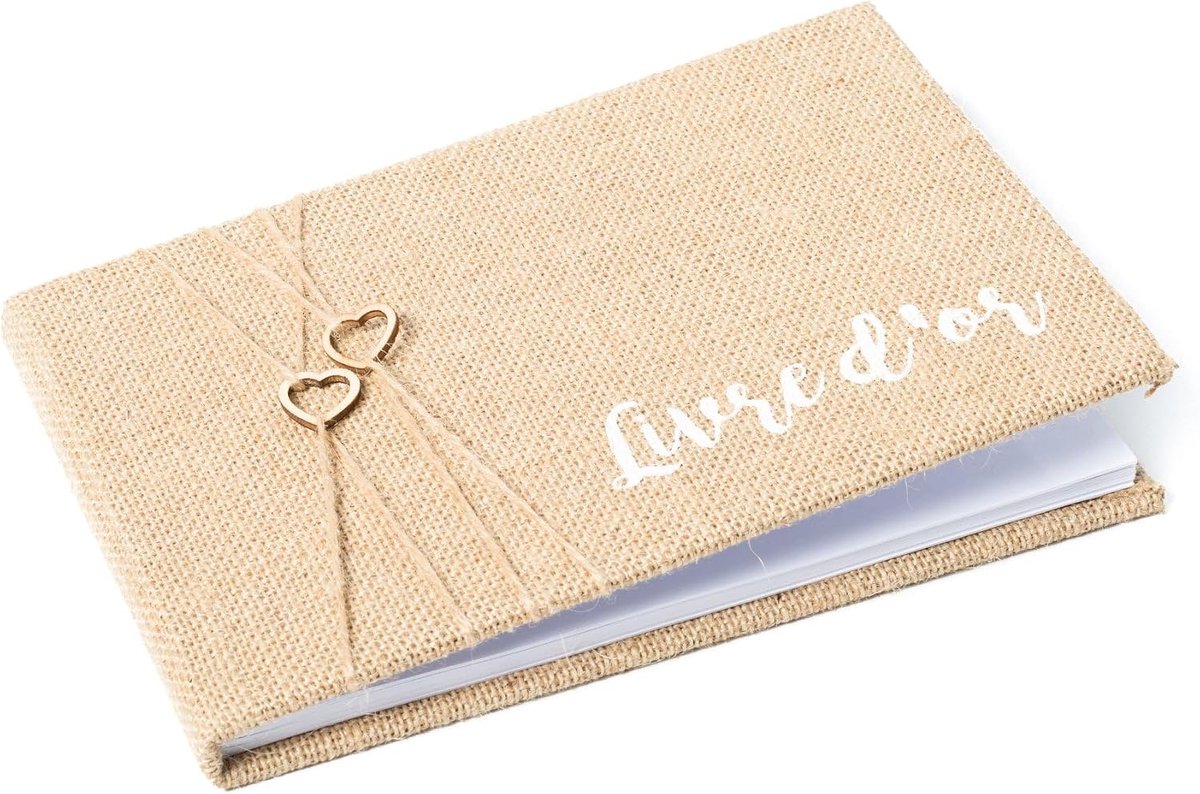 Gastenboek 64 pagina's - Jute met houten harten - Chic voor landelijke stijl - Perfect voor jouw feest - SnelShoppen