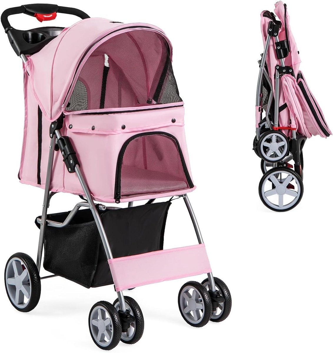 Huisdierwagen Inklapbaar - Hondenbuggy Kattenwagen - Reizen met Huisdier - Terreinbestendige Wielen - 87 x 46 x 102 cm - Roze