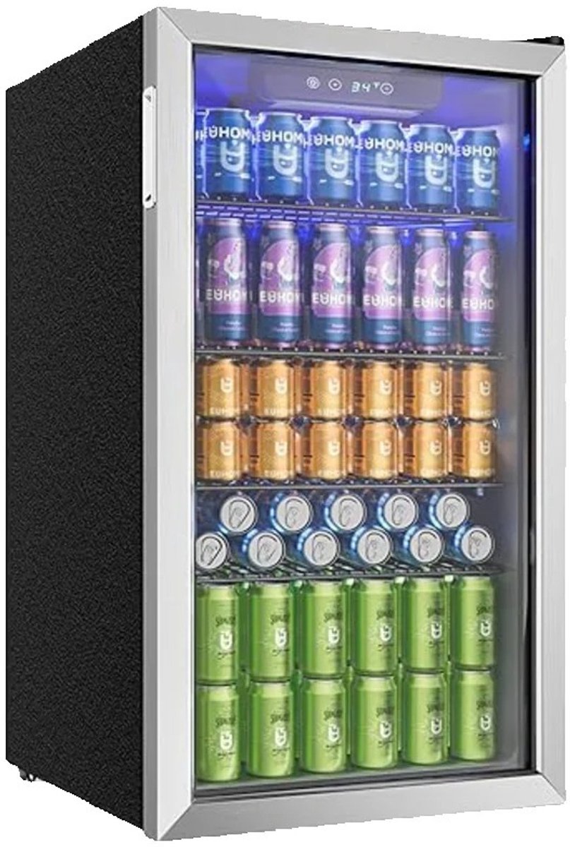 Joorly Mini Koelkast - Minibar - Drankkoelkast met glazen deur - Minibar voor 126 blikjes - met LED en temperatuurregeling - Wijn en bier koelkast - 49×44,5×78 cm - Grijs - RVS