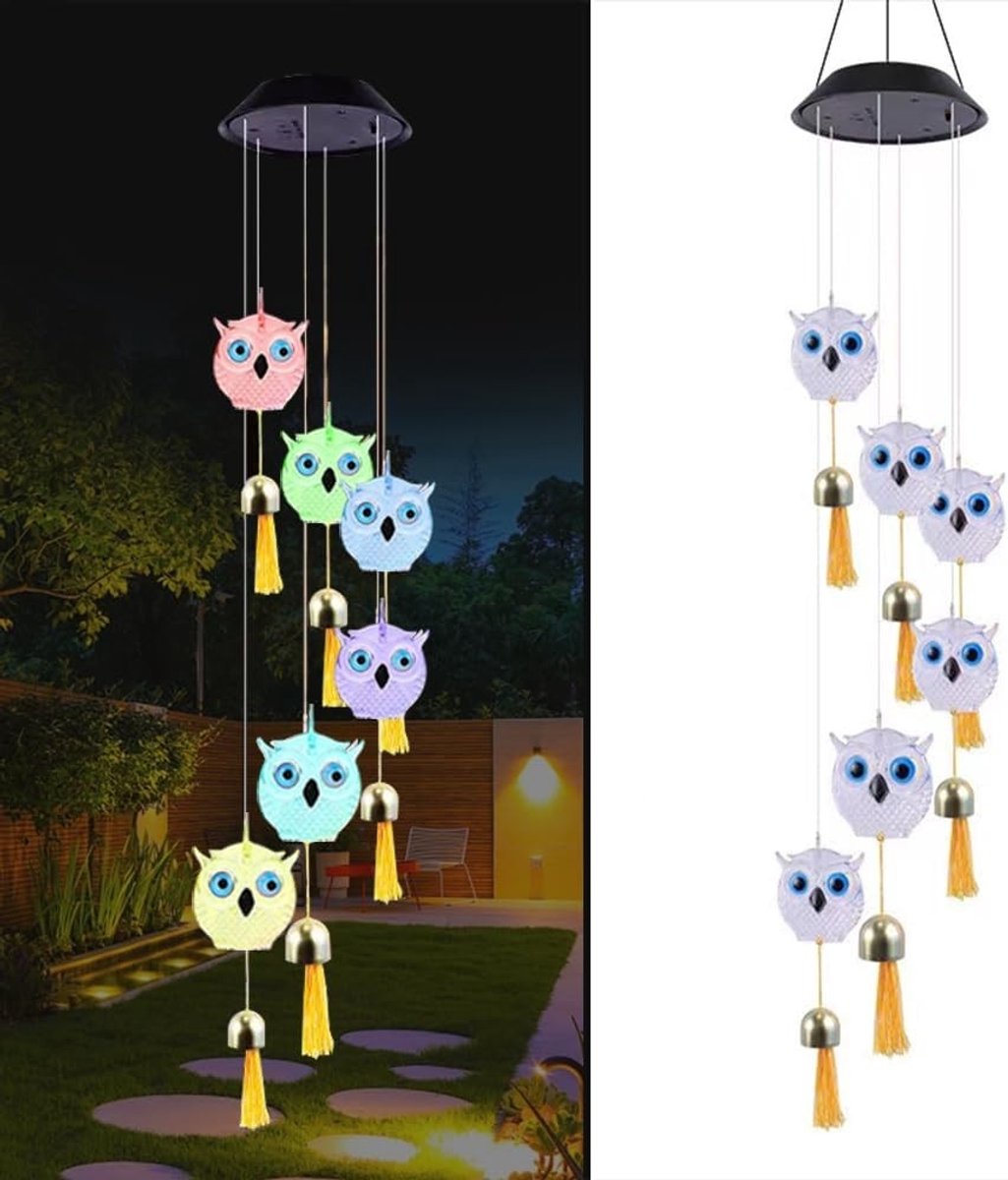 Decoratieve windklok met schattige uil en LED-kleurenlicht, ideaal als cadeau voor vrienden en perfect voor buitengebruik.