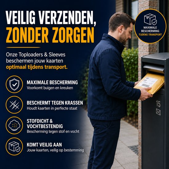 Man doet een pakketje in een postbus. De tekst beschrijft de bescherming van kaarten tijdens transport met toploaders en sleeves.