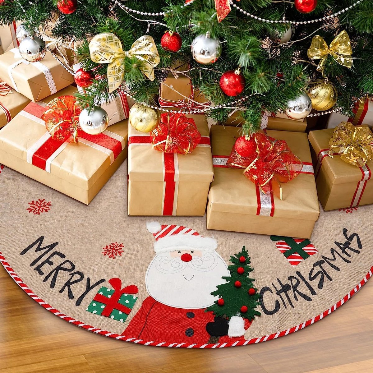 Christmas Tree Skirt - 42 Inches Sisal Tree Skirt with Santa Snowbox Tree Skirt Mat for Christmas, Christmas, Party - ShopVlot