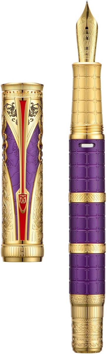 Hongdian D5 Qin Dynasty Fountain Pen Purple Gold, Extra Fine Nib Piston Fountain Pen, Retro Chinese Totem Engraving - ShopVlot