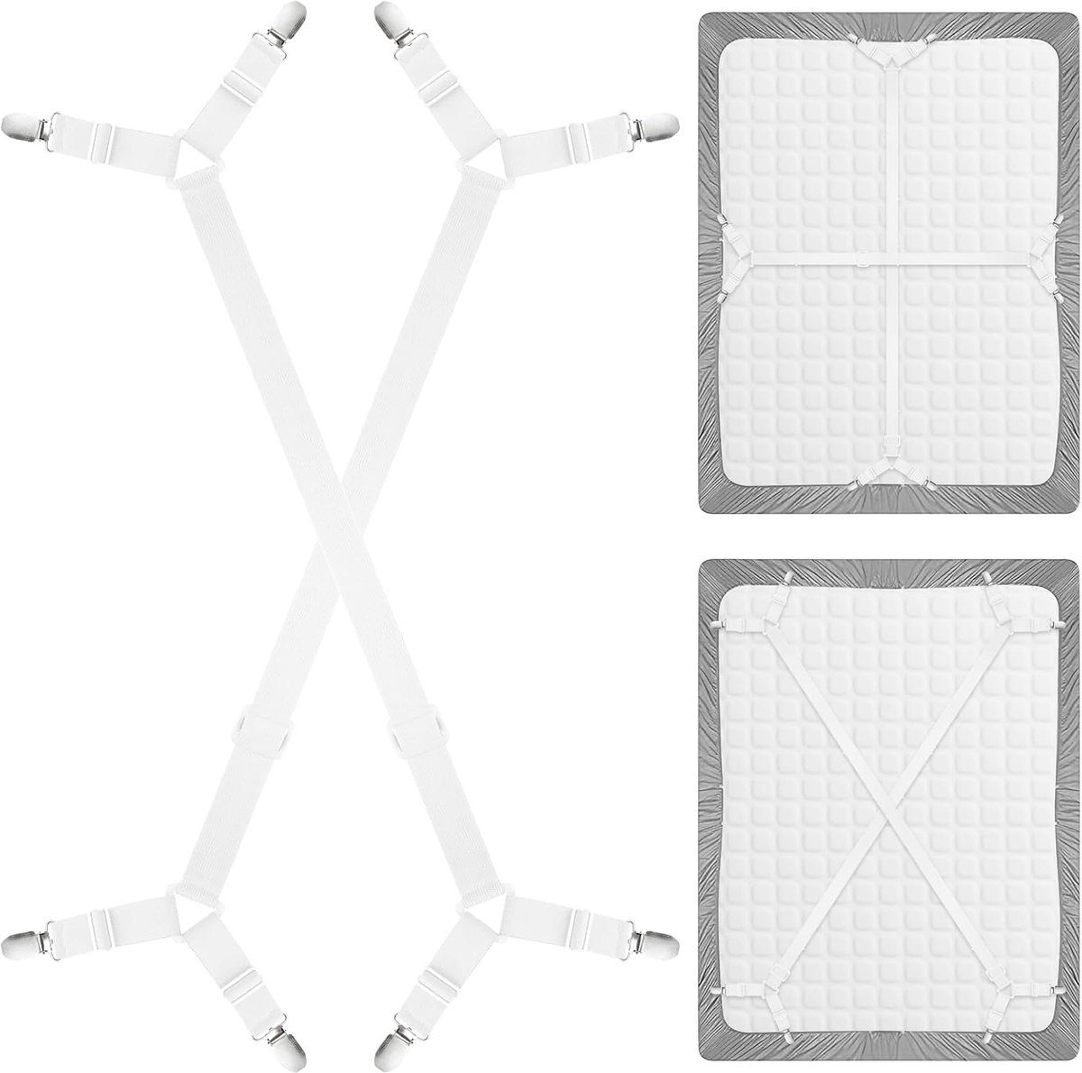 SnelShoppen - 2 Stuks Lakenhouder Straps Verstelbare Lakenbevestigers Elastische Band voor Volledige, Queen, King en Eenpersoonsbed - Wit