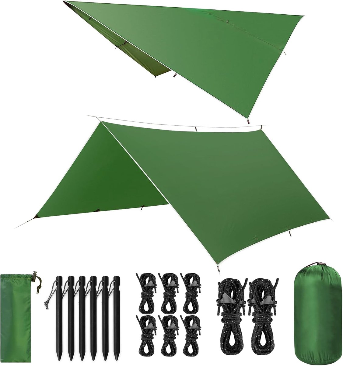 SnelShoppen - Tarp 3 x 3 m Waterdichte Ultralichte Camping Tent Tarpaulin met 9 Oogjes + 6 Aluminium Pinnen + 8 Nylon Touwen, Anti-UV Sneeuw Regen Bes