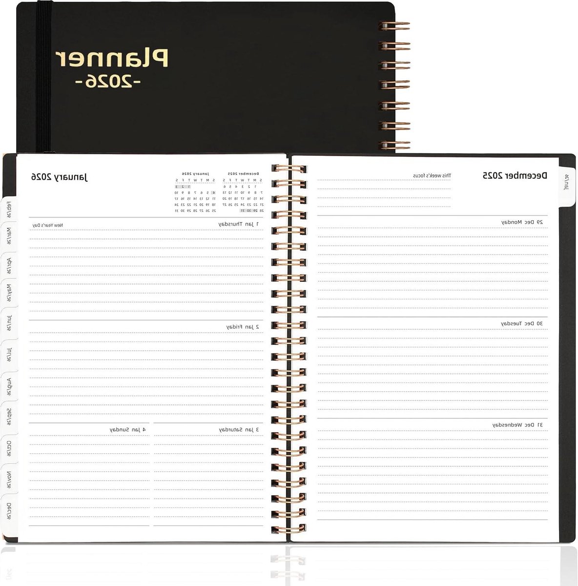 Dagplanner 2026 - Agenda Maandplanner - Planning bijhouden - Met tabbladen - 157 x 213 cm - Zwart