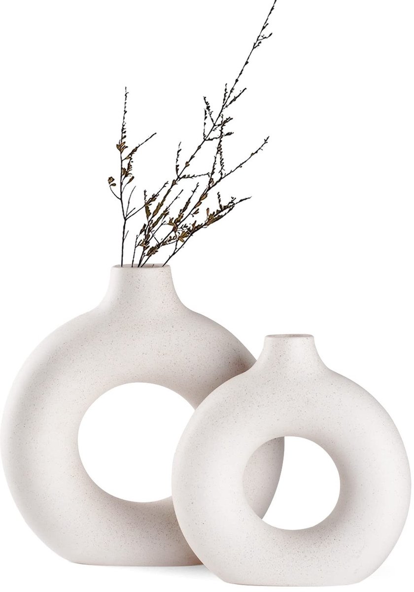 Omgoods - Set van 2 Witte Keramische Donut Vazen voor Moderne Decoratie