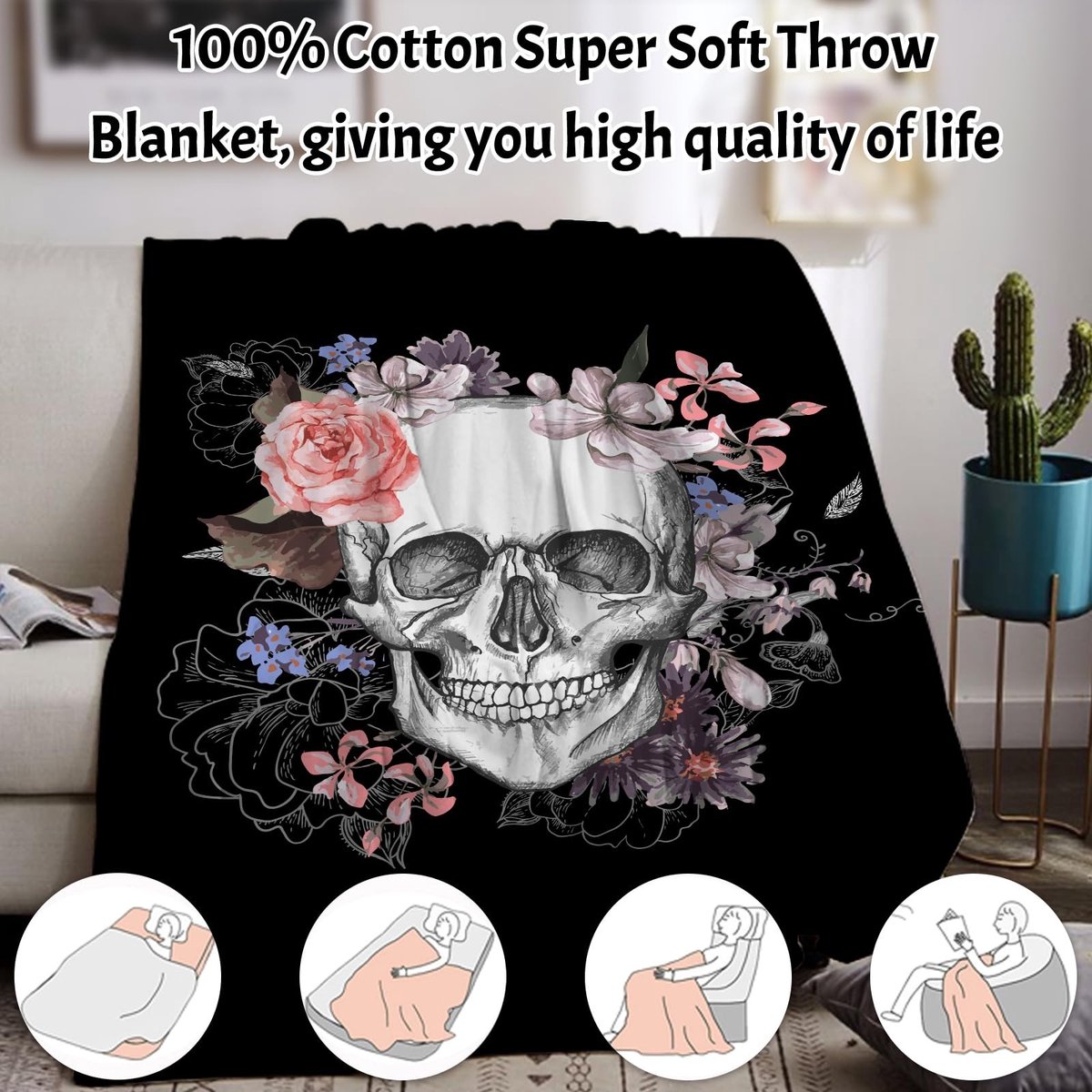 Omgoods- Halloweendeken 150x200 cm - Flanellen Deken - Warmte - Schedelmotief - Knuffeldeken - Zacht en Ademend - Dekens