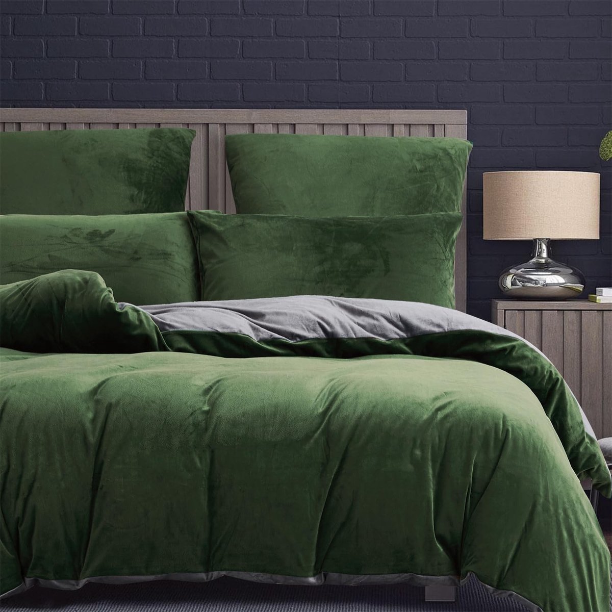 Omgoods - Warm Pluche Bedtextiel Set - 220 x 200 cm - Duvet Cover in Groen en Grijs