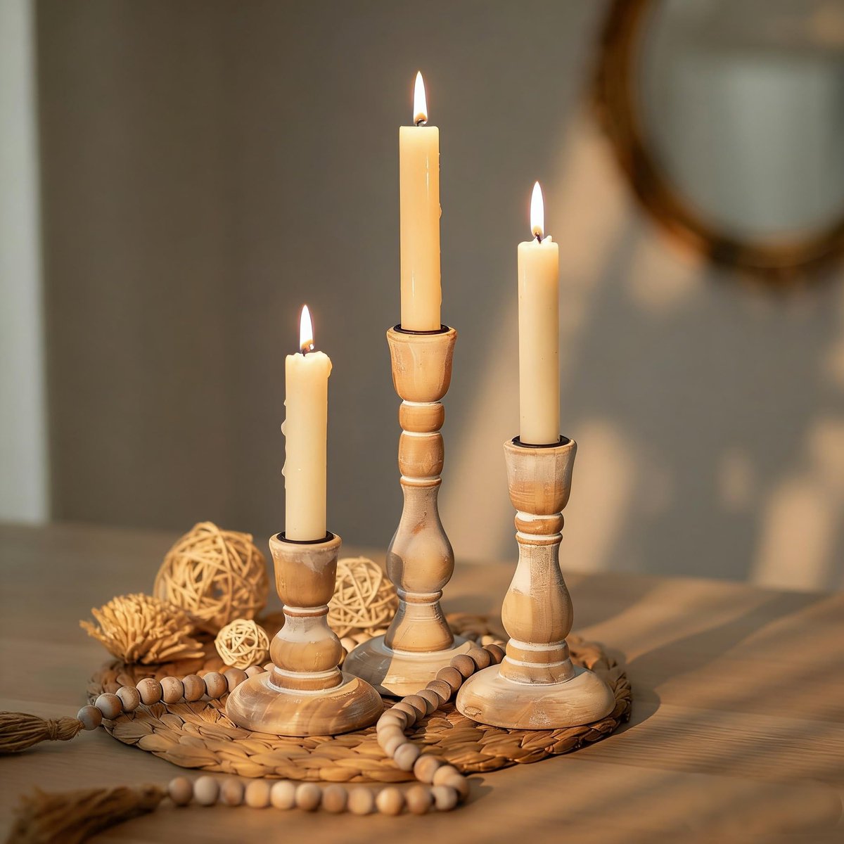 Omgoods - Set van 3 Houten Kaarsenhouders in Vintage Stijl