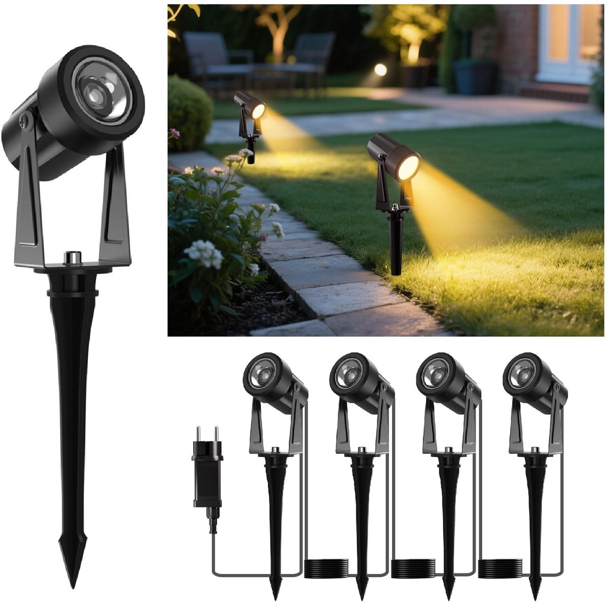 Omgoods - Set van 4 LED Tuinlampen met 360° Verstelbare Lichten