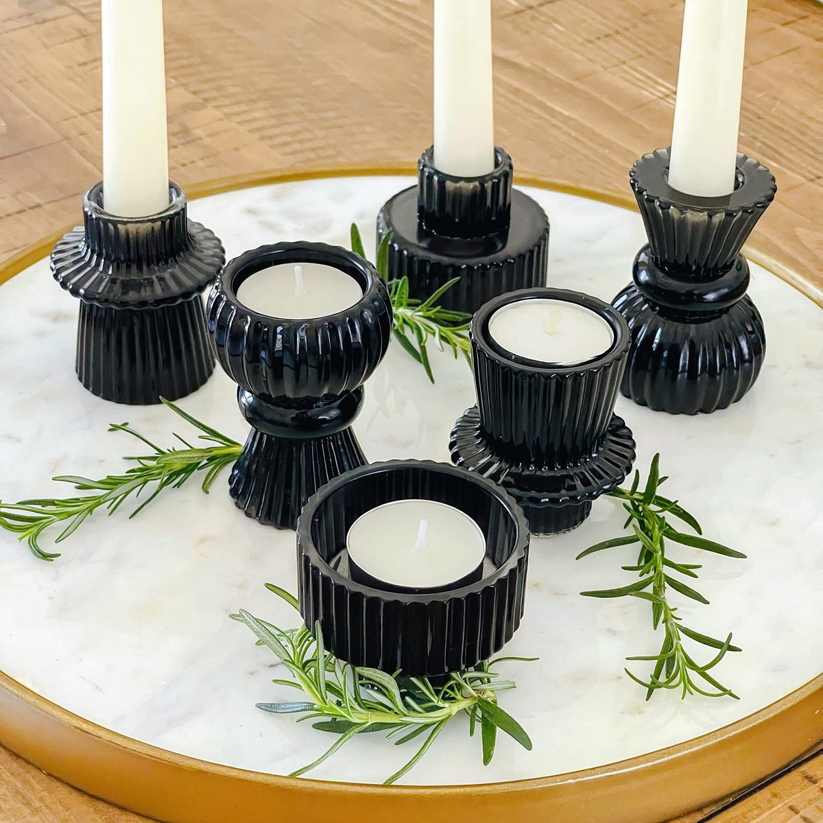 Omgoods - Set van 6 Vintage Ribbelglas Kaarsenhouders
