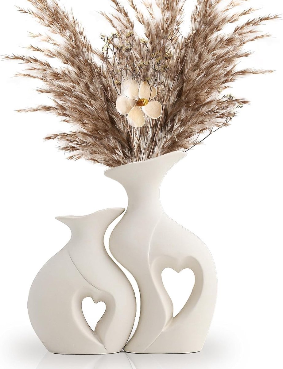 Omgoods - Set van 2 Witte Keramische Vazen voor Bloemen en Decoratie
