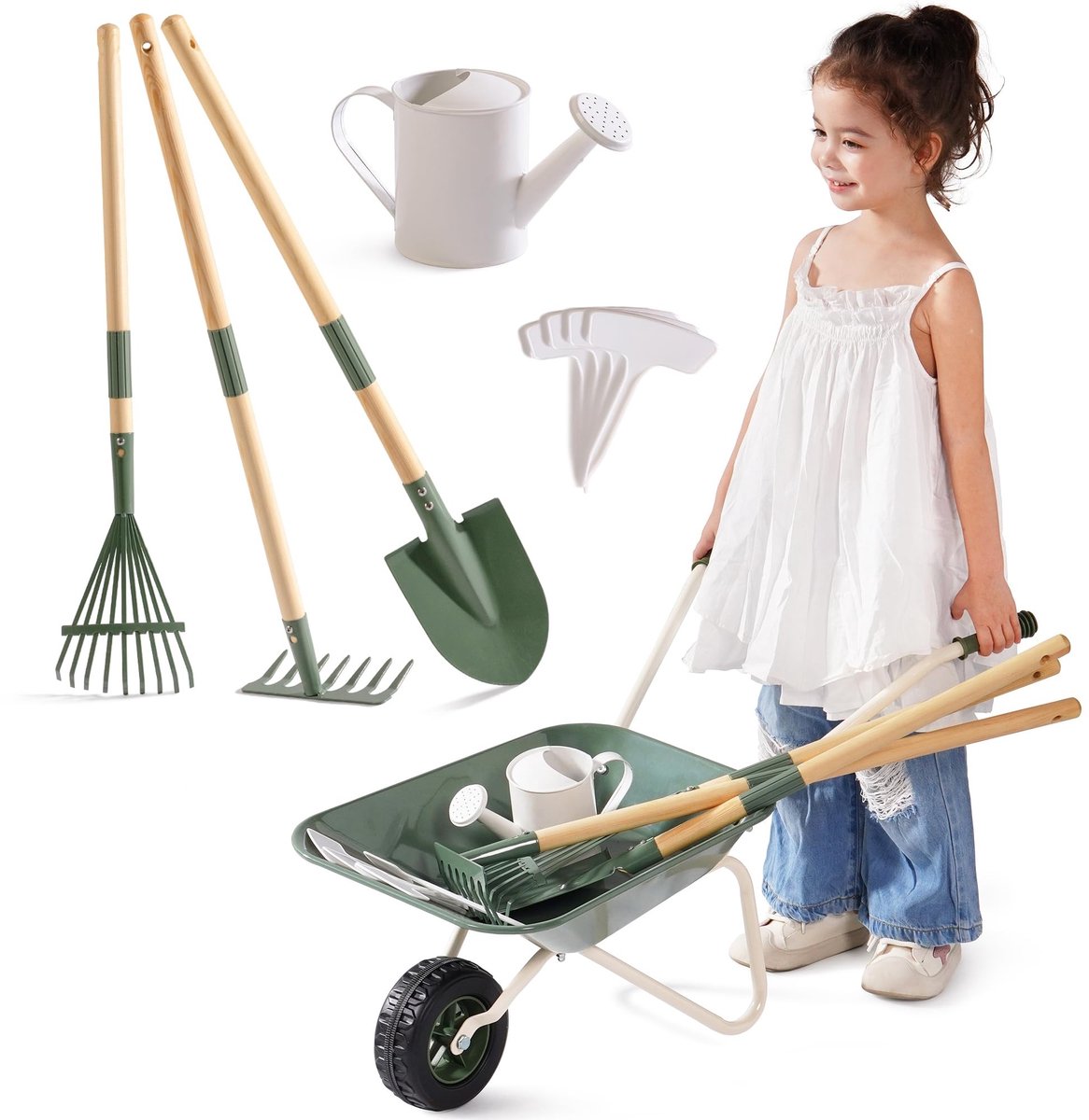 Omgoods - Kindertuingereedschapset - 5-delige Set met Metalen Kruiwagen