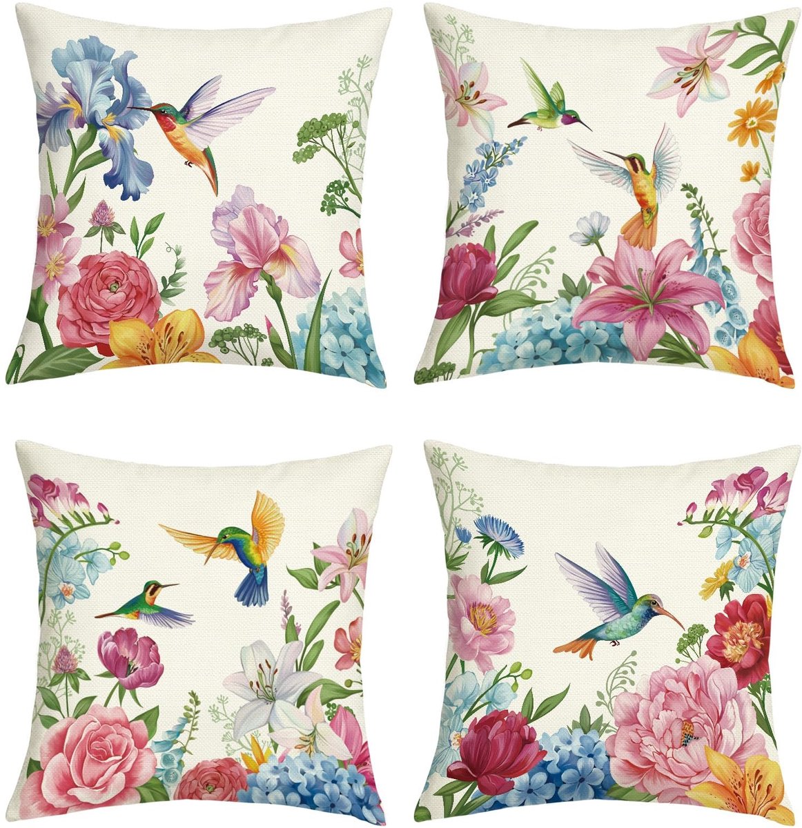 Omgoods - Set van 4 Kussenslopen 45 x 45 cm met Bloemen en Kolibrie