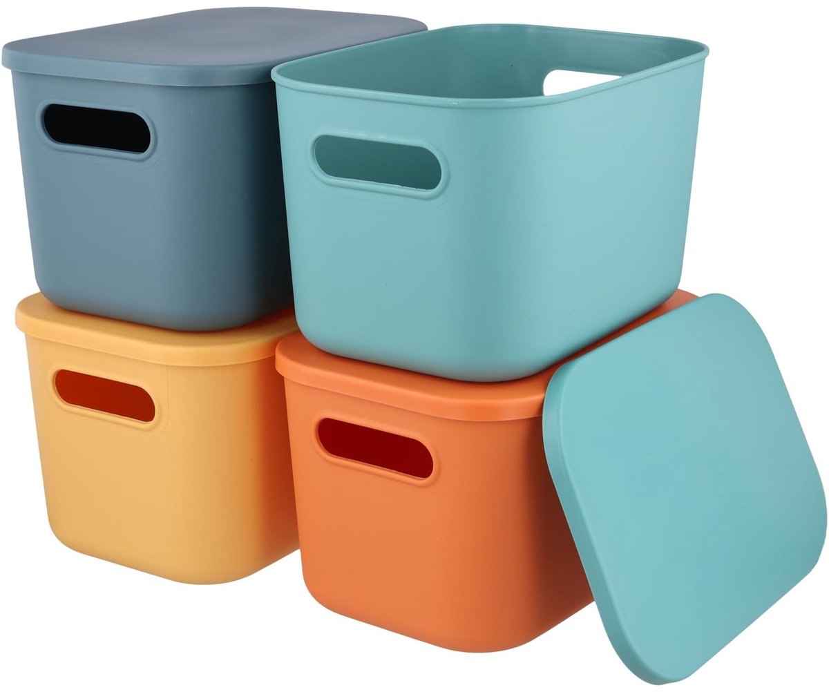 Omgoods - 4 Kleurige Opbergdozen met Deksel - Stapelbare Opbergbakken voor Kasten en Bureau