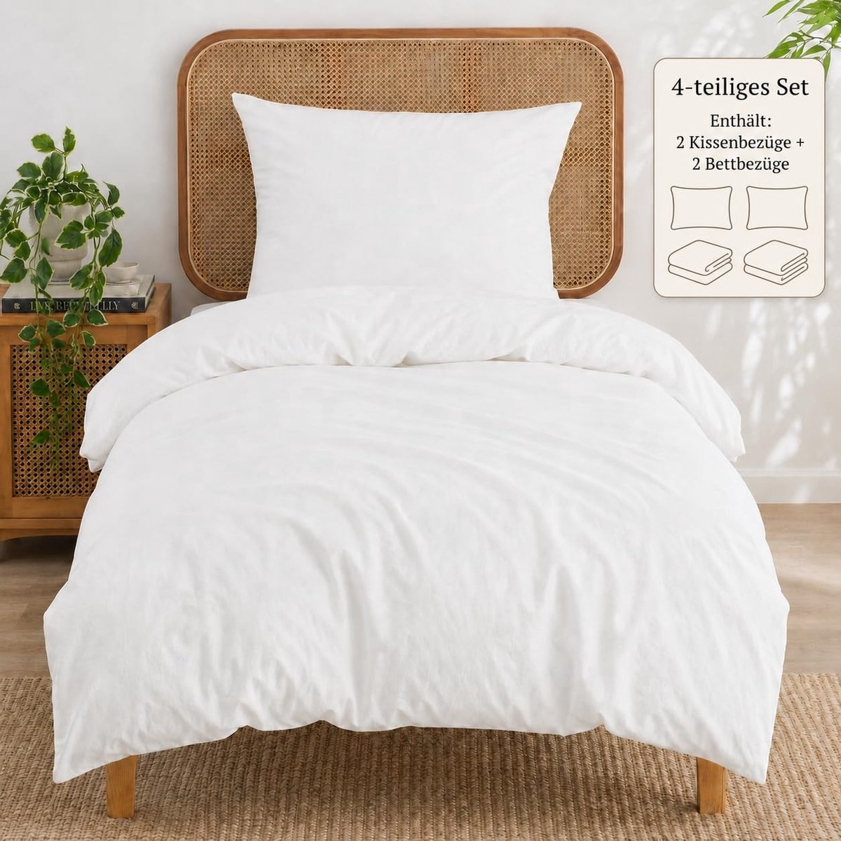 Omgoods - Set van 4-Piece Beddengoed 135 x 200 cm Wit van 100% Katoen