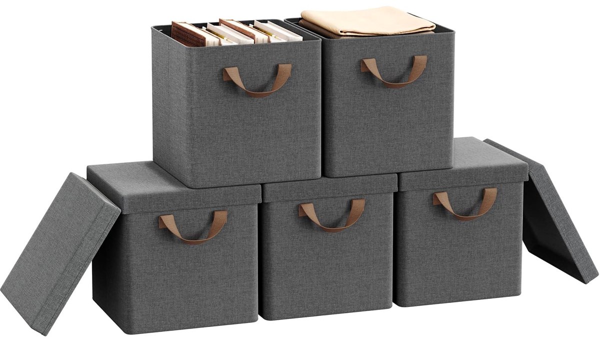 Omgoods - Set van 5 Vouwbare Opbergdozen met Deksel, Grijs