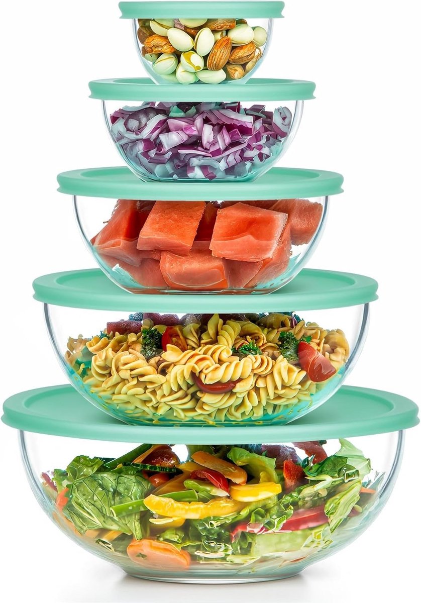 Omgoods - Set van 5 Stapelbare Glazen Saladeschalen met Deksel