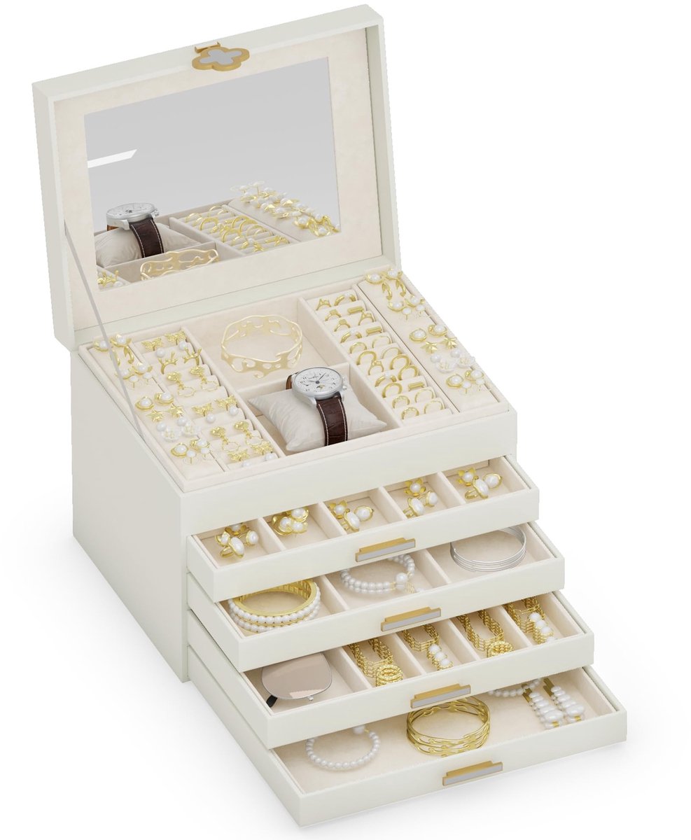 Omgoods - Elegante Lockable Sieradenbox met Spiegel en 5 Lades voor Ringen en Oorbellen (Wit)