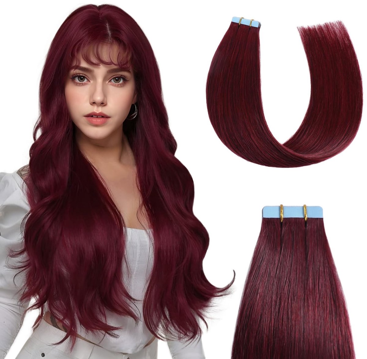 Omgoods - Tape-in Extensions voor Haar - Echt Haar, 35 cm, Burgandy Rood