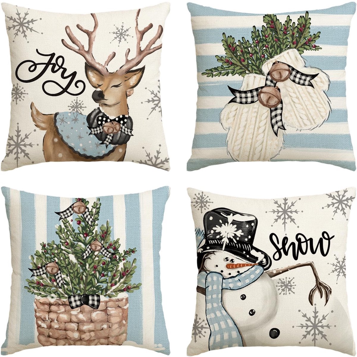 Omgoods - Set van 4 Decoratieve Kussenhoezen 50 x 50 cm met Kerstmotief
