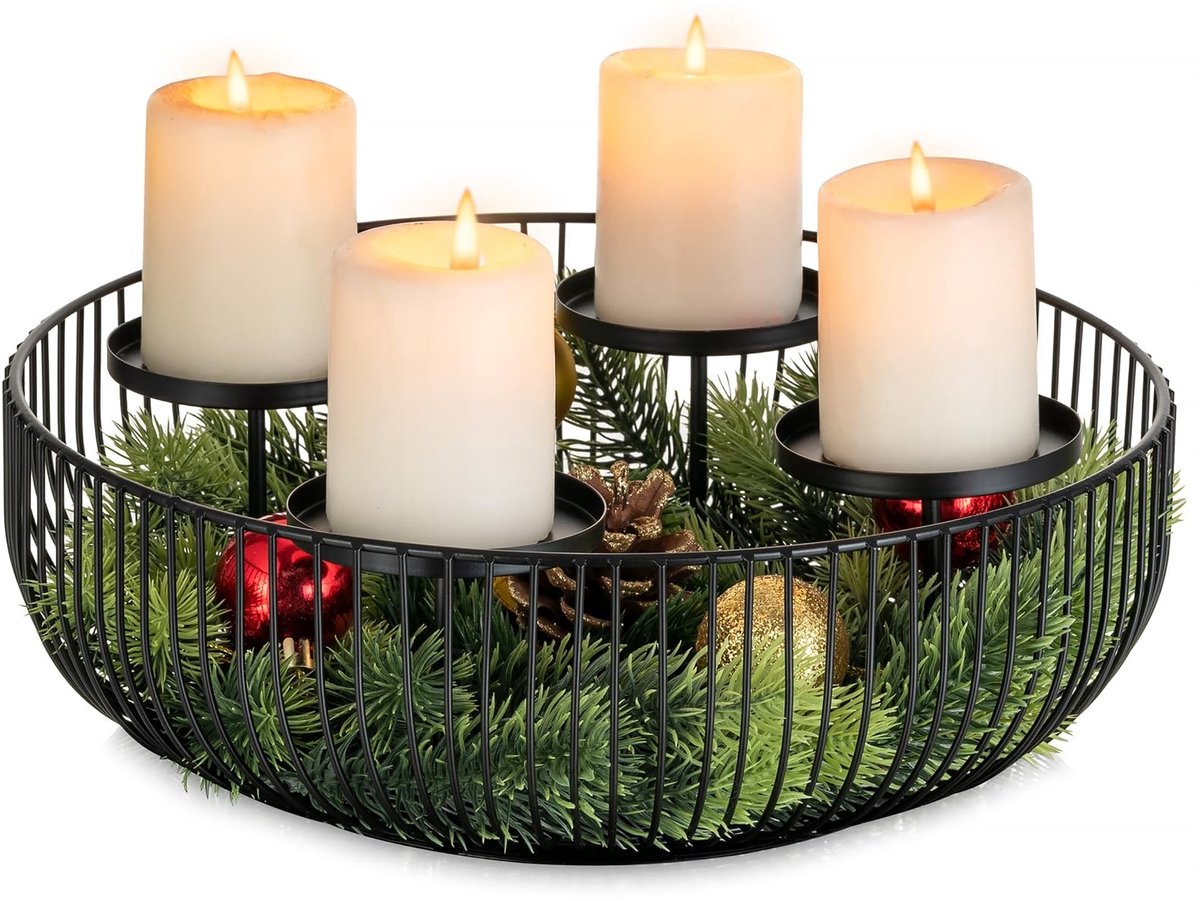 Omgoods - Zwarte Adventskrans met Kaarshouder voor 4 Kaarsen
