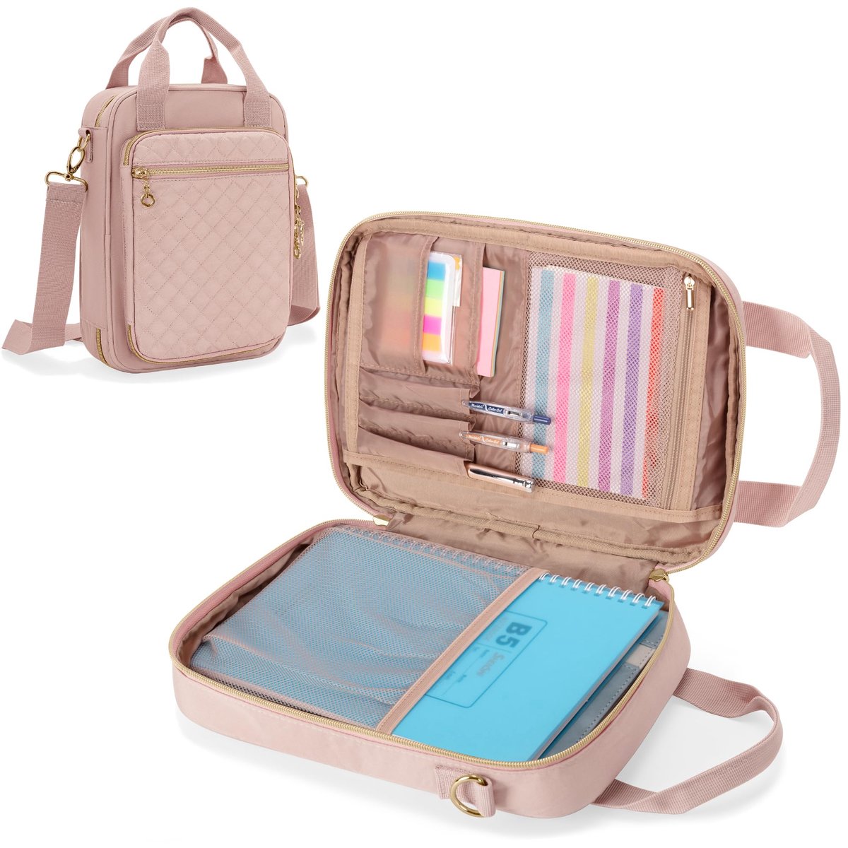 Omgoods- Opbergkoffer met Afneembare Pen Slots - B5/A5 Notebook/Planner - Voorvak met Ritssluiting - Meerdere Binnenvakken - Roze - L21.6 CM/W7.6 CM/H30.5 CM - Opbergtas