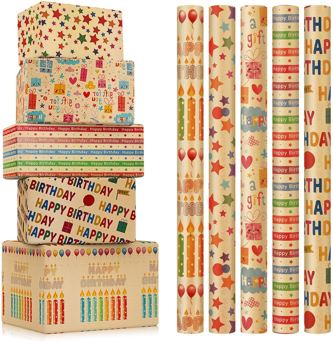 Omgoods - Cadeau Inpakpapier Set van 5 Rollen, Kraft Papier voor Verjaardagen