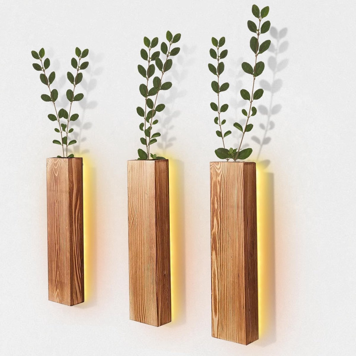 Omgoods - Set van 3 Houten Wandvazen met LED Verlichting