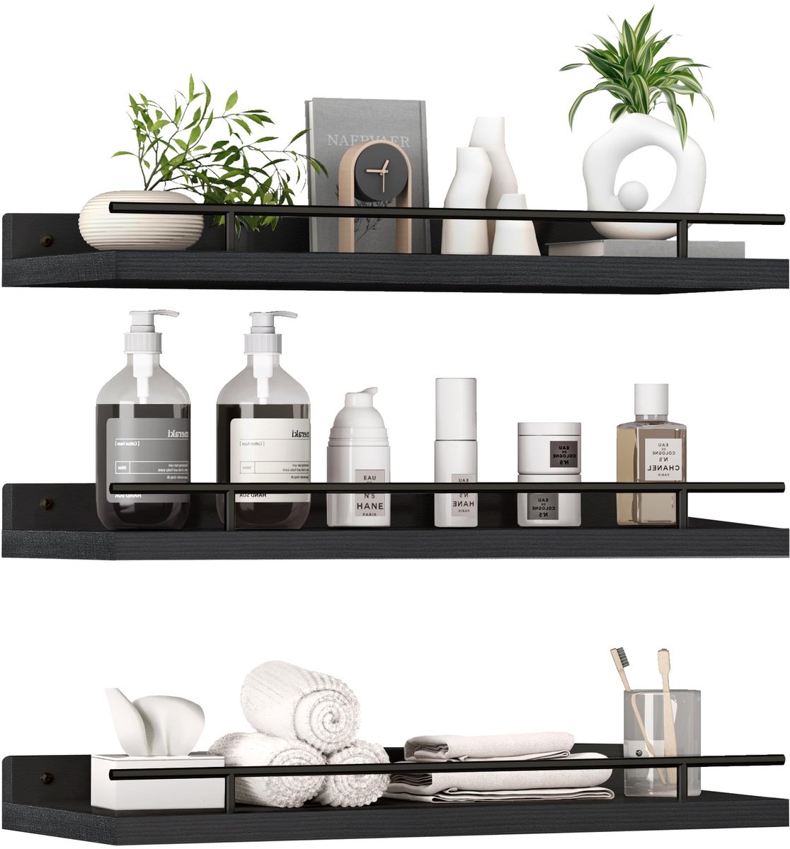 Omgoods - Set van 3 Black Wood Wandplanken - Handgemaakt van Paulowniahout