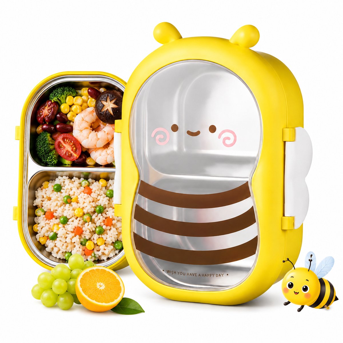RVS Kinder Lunchbox - Broodtrommel met 2 Vakken - Bento Box met Schattig Bijtje Design - Voor School en Onderweg - BPA-vrije PP Behuizing - Geel
