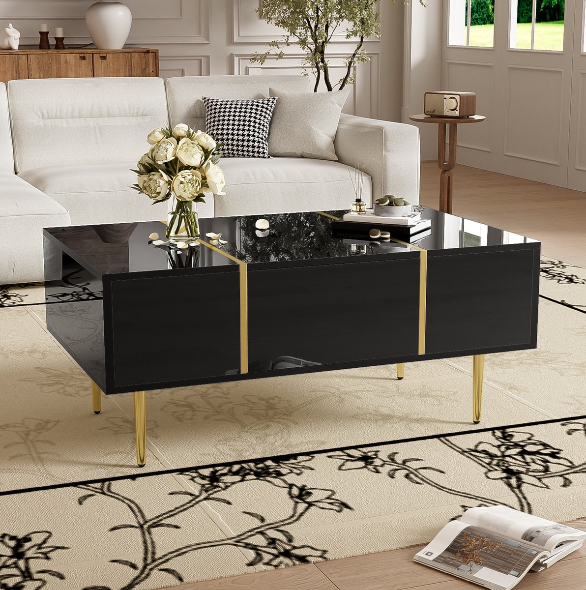 DESMIU Salontafel - Hoogglans Zwart Met 2 Lades - Modern Voor Woonkamer - MDF Met Goudkleurige Metalen Details - 100x60x41,5 Cm