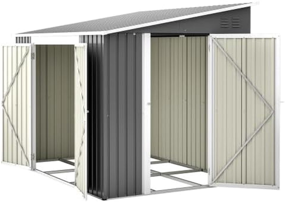Metalen Schuur - Tuinhuis Garagebox - Tuinopslag Organiseren - Dubbele Deuren Zijdeur - 262 x 180 x 201 cm - Grijs