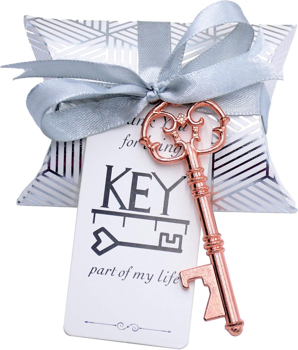 Vintage Trouwen Souvenir Set met Skeleton Sleutelhangers, Snoepdozen en Bedanklabels in Roze Goud - 50 Stuks voor een Unieke Bruiloft
