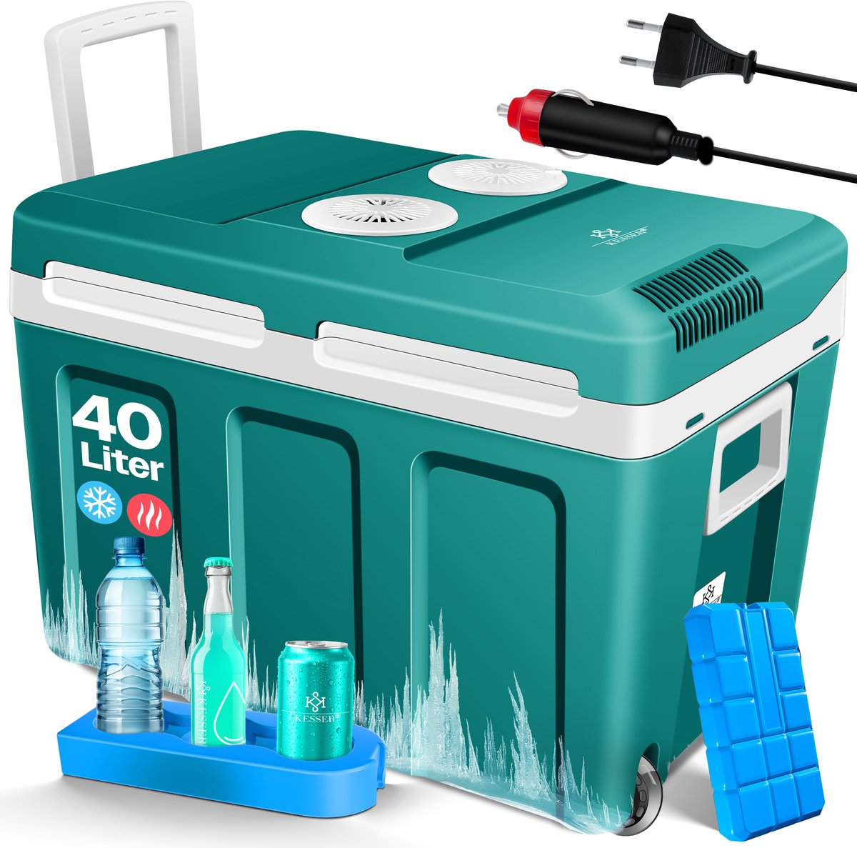 KESSER® 40L Thermo Elektrische Koelbox met wielen | voor warm houden en koelen | Coolbox | 12 volt en 230 volt| minikoelkast | thermobox voor auto| boot en camping | met ECO-modus - 40L, Petrolgroen