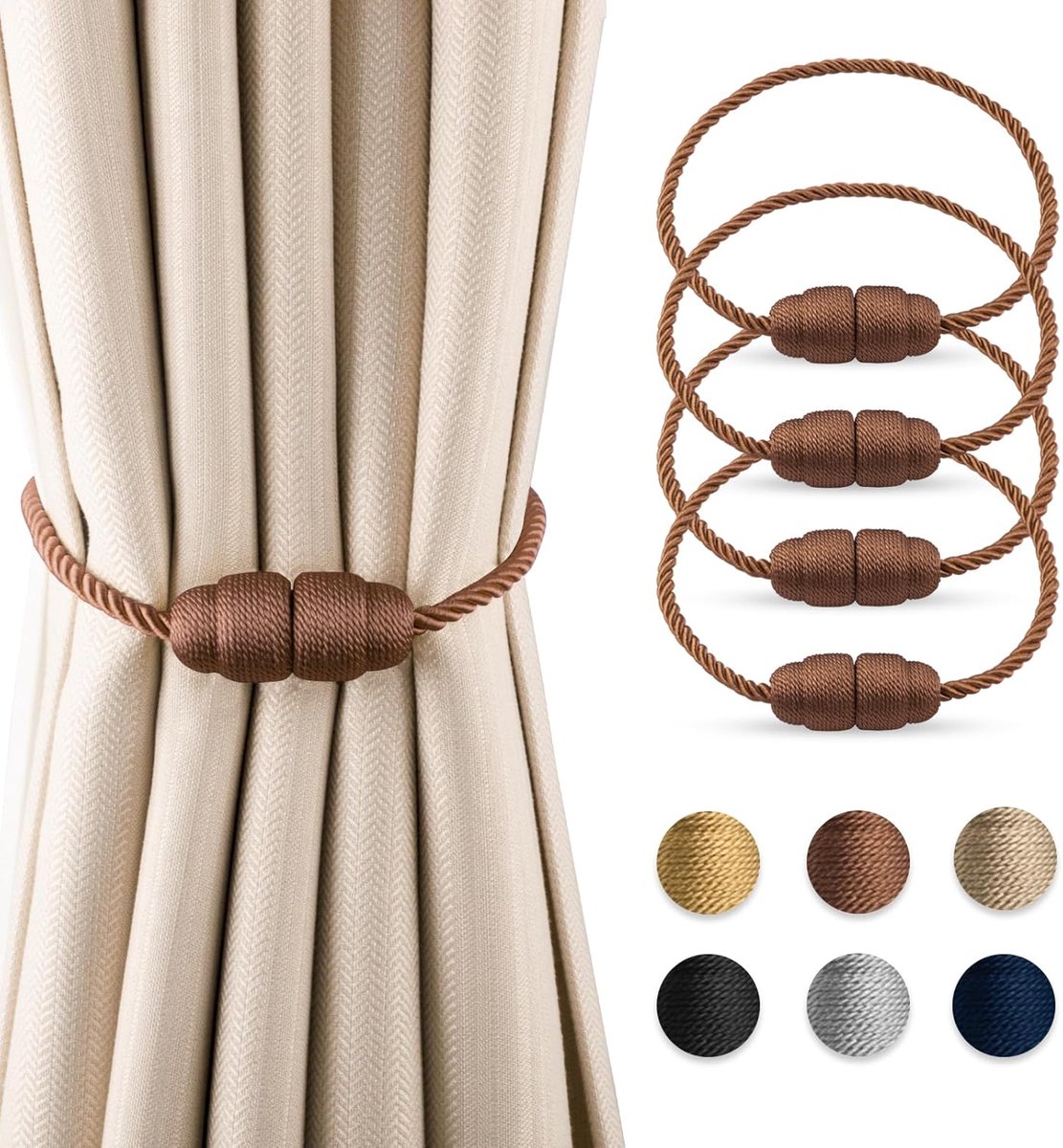 SnelShoppen - Magnetische Gordijnhouders 4 Stuks, Touw Gordijnsteun, Gemaakt van Polyester, Bruin, Voor Thuis en Kantoor, Elegante Gordijndecoratie