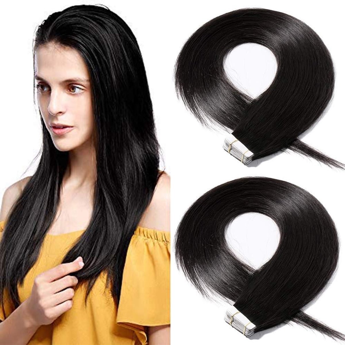 40 Stuks Tape in Extensions Echthaar 2.5g/pcs Klebeband Haarverlenger 100% Remy Haar met Gratis Tressen en Tapes - Naturschwarz #1B-1, 35cm Lang