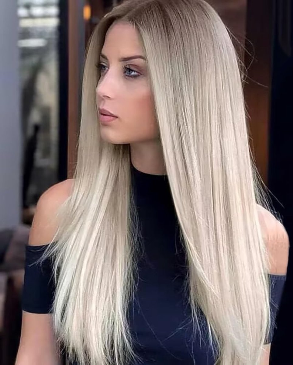 Ombre Blonde Lange Rechte Lace Front Perücke voor Vrouwen met Natuurlijke Synthetische Haarmix voor Dagelijks Gebruik en Kostuums