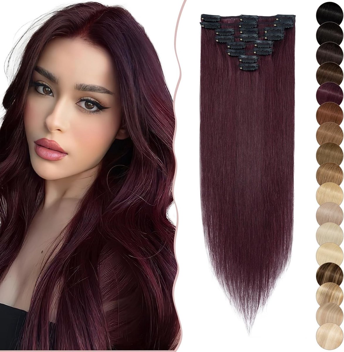 Natuurlijke Clip-In Haarextensions, Zijdeachtig Steil Haar, 8 Strengen, 100% Remy Menselijk Haar, Dun 56 cm (75 g), Wijnrood #99J, Perfect voor Volumineuze Kapsels
