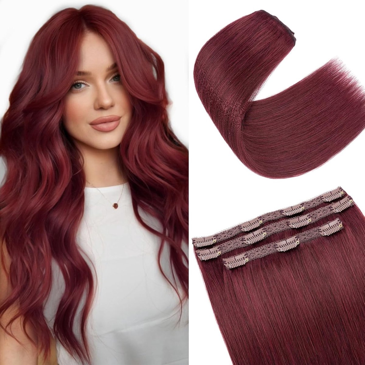 Natuurlijke Clip-in Haar Extensions van Echte Haar, 3 Stukken, 56g, 10 Inch, Violet Rood #99J, Ideaal voor Volumineus Haar en Gemakkelijke Styling